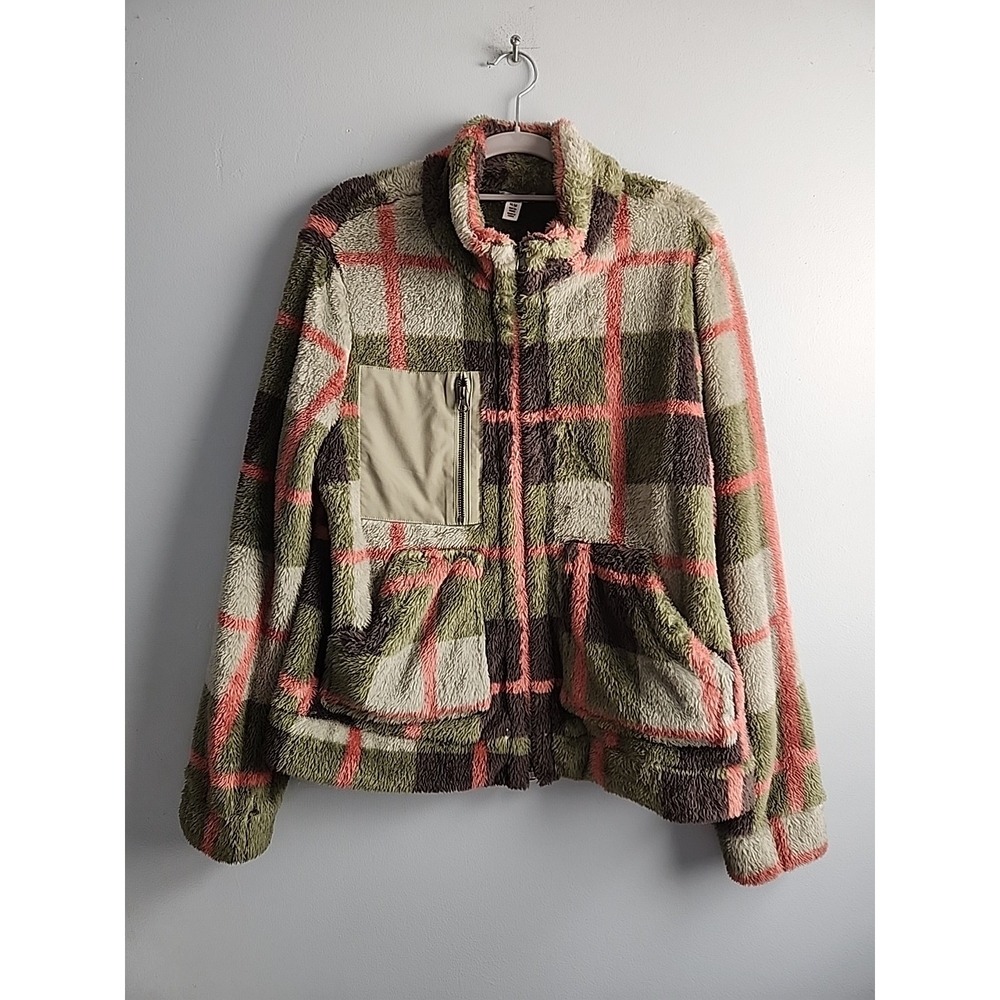 Tribal Jeans Soft Fleece Jacket Womens M Green Pink Plaid‎ Full Zip